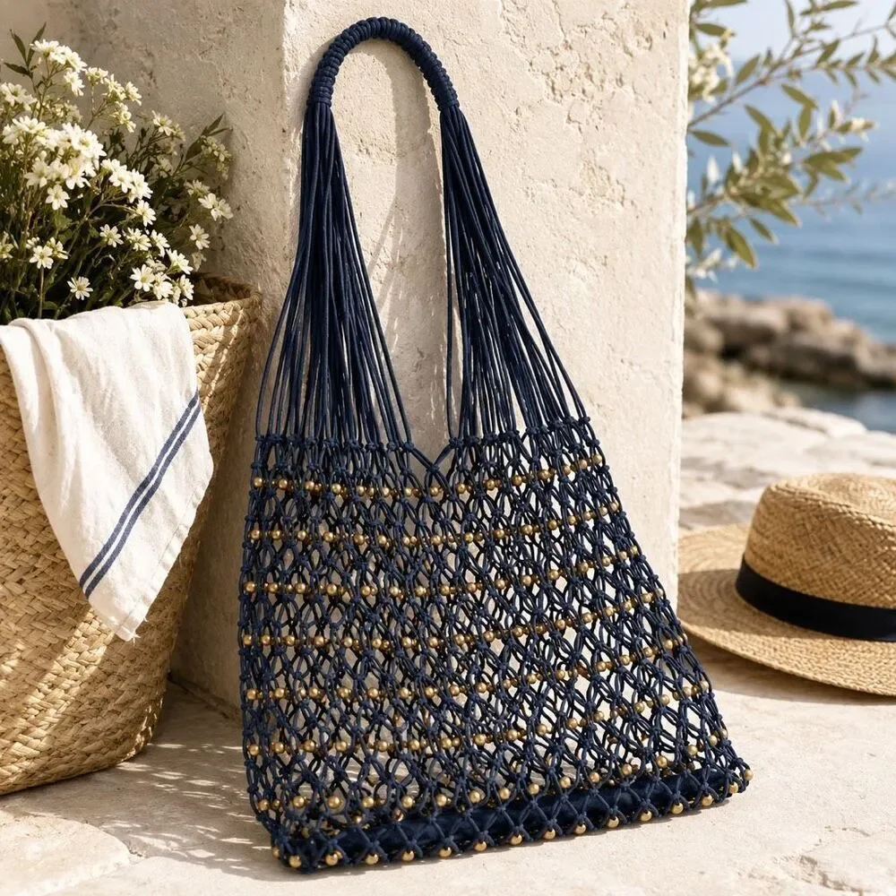 Free People Wishing Well Beaded Net Tote Blue Gold Crochet Macrame Bag NWT